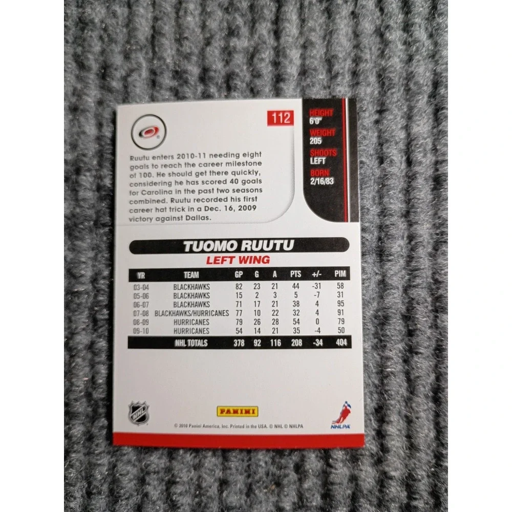 Score 2010 Carolina Hurricanes Tuomo Ruutu Hockey Card #112